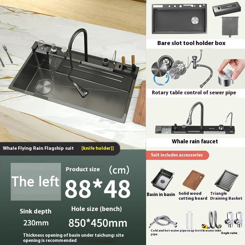 Stainless Steel Waterfall Kitchen Sink Embossed Single Bowl Digital Display Extra Large Multifunctional Washing Sinks 100x50cm