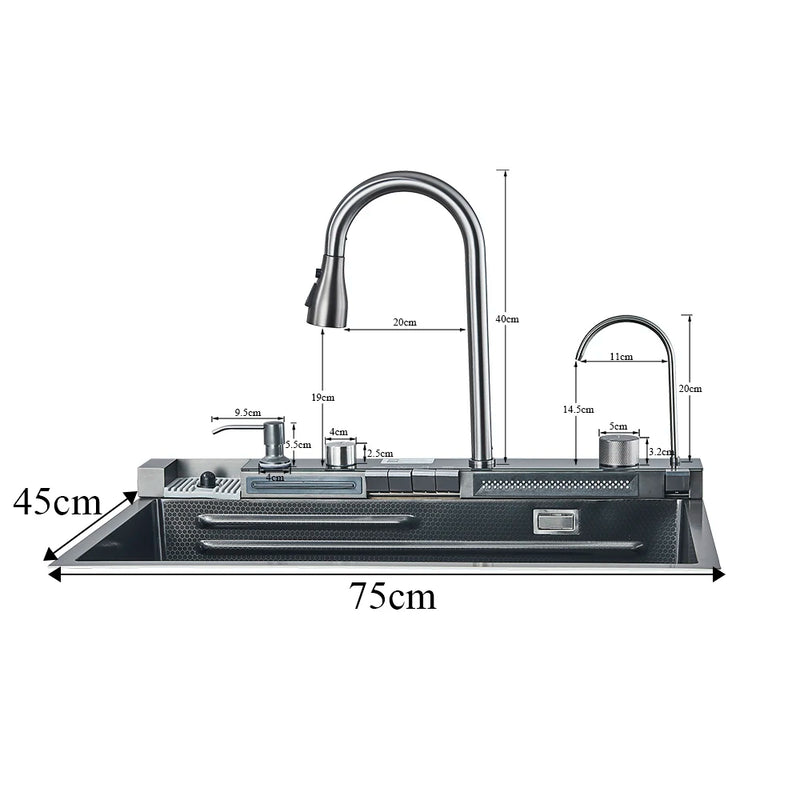 Kitchen Sink Faucet Large Integrate Digital Display Multi-Function Buttons Waterfall Soap Dispenser Cup Washer Kitchen Sink