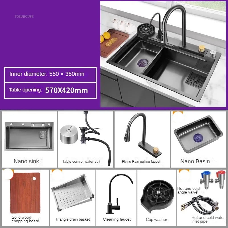 Nordic Metal Kitchen Sinks for Bar Counter Smart Digital Display with Cup Washer Sinks Light Luxury Design Sink for Dining Room