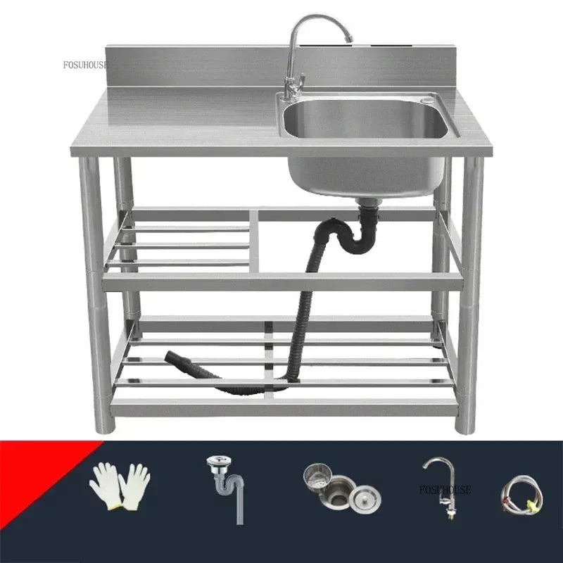 Household Vegetable Washing Basin with Bracket Commercial Stainless Steel Kitchen Sinks Kitchen Workbench Washing Single Sink
