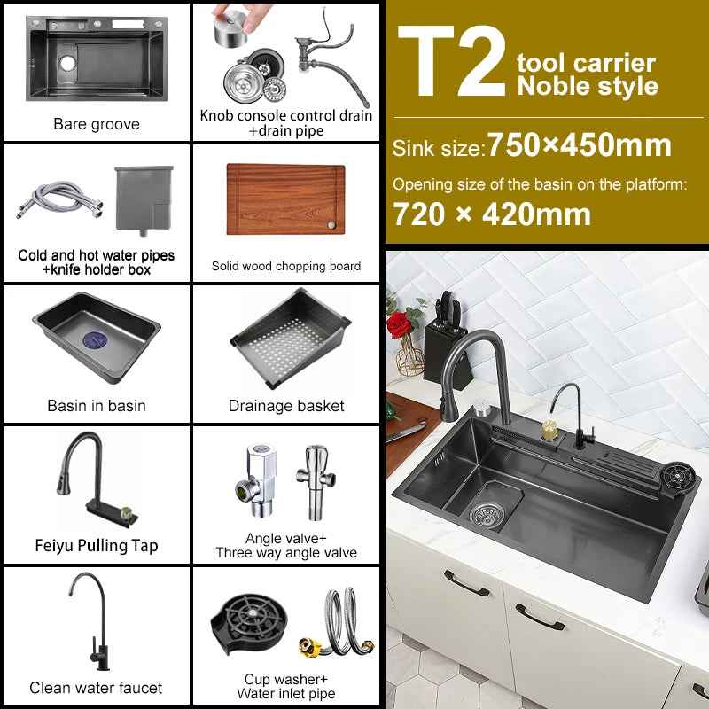 Stainless Steel Kitchen Waterfall Sink Digital Display Large Single Sink Dish Basin Sink With Multifunction Touch Waterfall