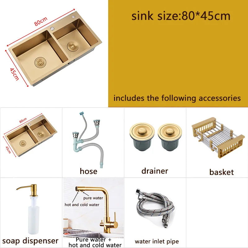 Gold Kitchen Sink Above Counter or Undermount double Bowl Goldn Basket Drainer Soap Dispenser Washing Basin 304 Stainless Steel