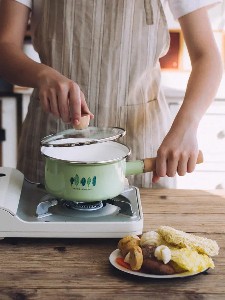 Wood single handle glass cover porcelain enamel baby food noodle soup milk stew pot Japanese small cooking stewpan thicken