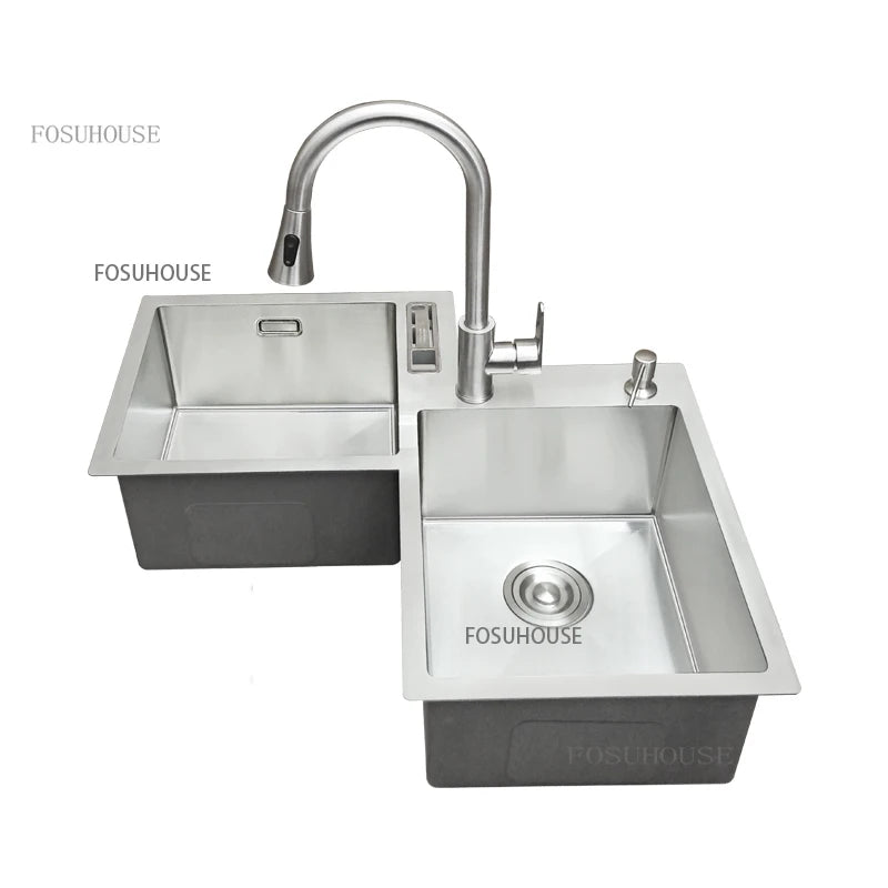 Kitchen Furniture Thickened 304 Stainless Steel Sink Basin Corner Shaped Double Stainless Steel Kitchen Sinks  Accessories Bh