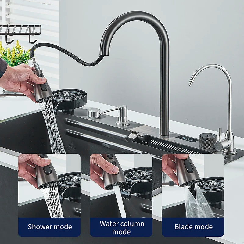 Hownifety Waterfall Sink Kitchen Stainless Steel Topmount Sink Large Single Slot Wash Basin With Multifunction Waterfall Faucet