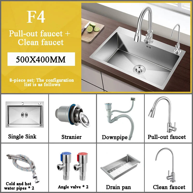 Stainless Steel Kitchen Sink Farmhouse Above Counter Undermounter Single Bowel Wash Basin With Gourmet Faucet Drain Accessories